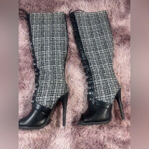 Black and white tweed knee high peep toe boots 7.5